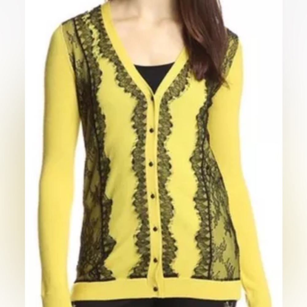 Marchesa Voyage Yellow Black Lace Wool Cardigan